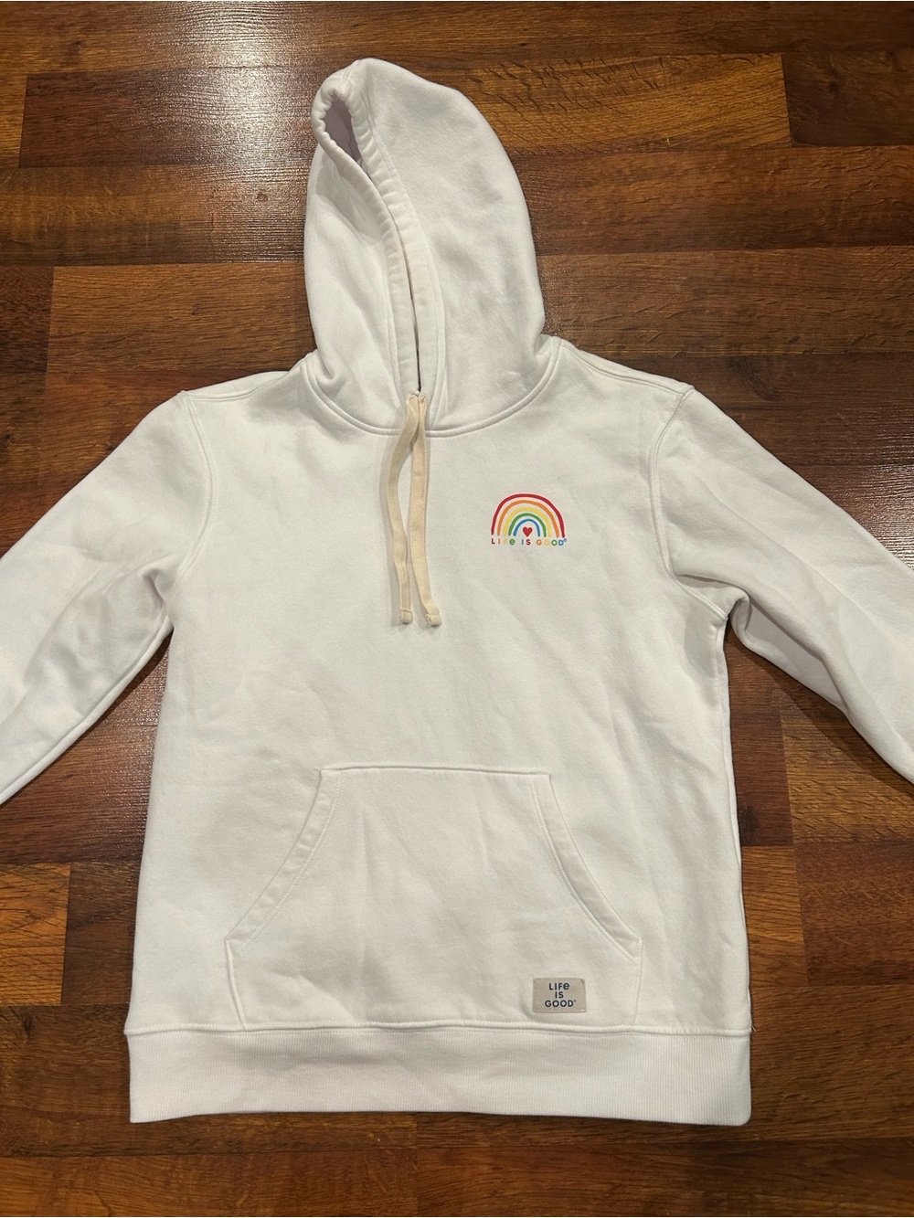 Life is Good Women’s Fleece Hoodie White Heart Rainbow Love Sweatshirt XS